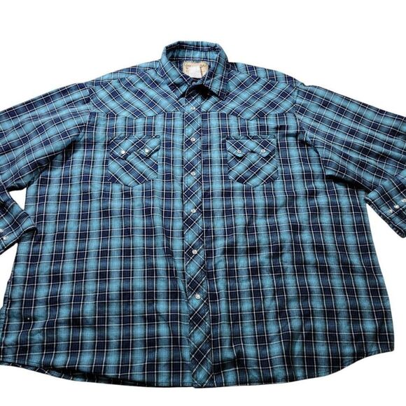 Wrangler Other - Wrangler Pearl Snap Shirt Mens 2XL Blue Cowboy Western Rodeo Plaid Long Sleeve